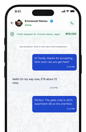 Smartphone screen showing a chat with Emmanuel Nwosu about meeting location, ETA, and gate code.